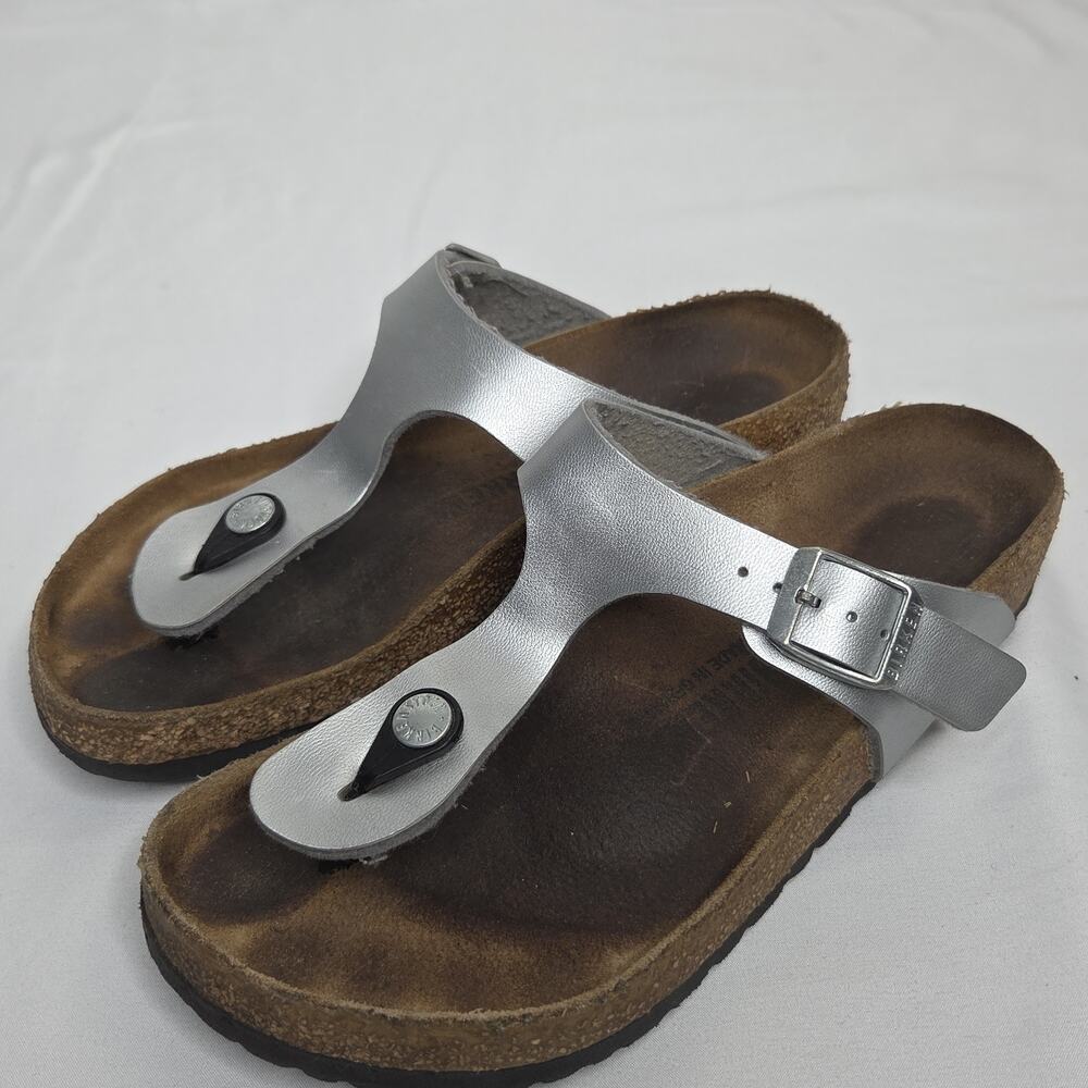 Birkenstock Gizeh Sandals 36 Womens 5 Silver Thong Buckle Strap Cracked Straps
